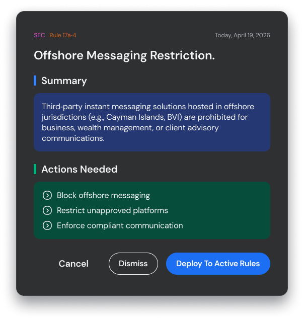Regulation Scout interface showing monitored regulations and rule suggestions